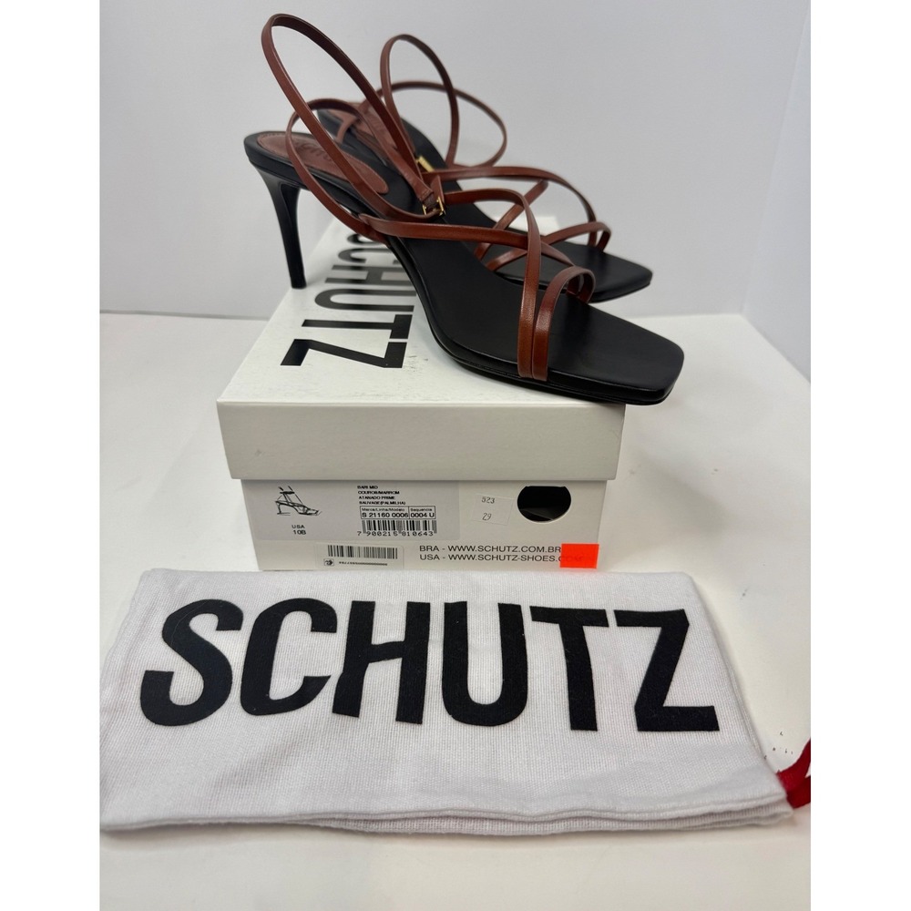 Schutz Bari Mid Heel Strappy Sandal Size 9.5 B Black Brown Date Night Office